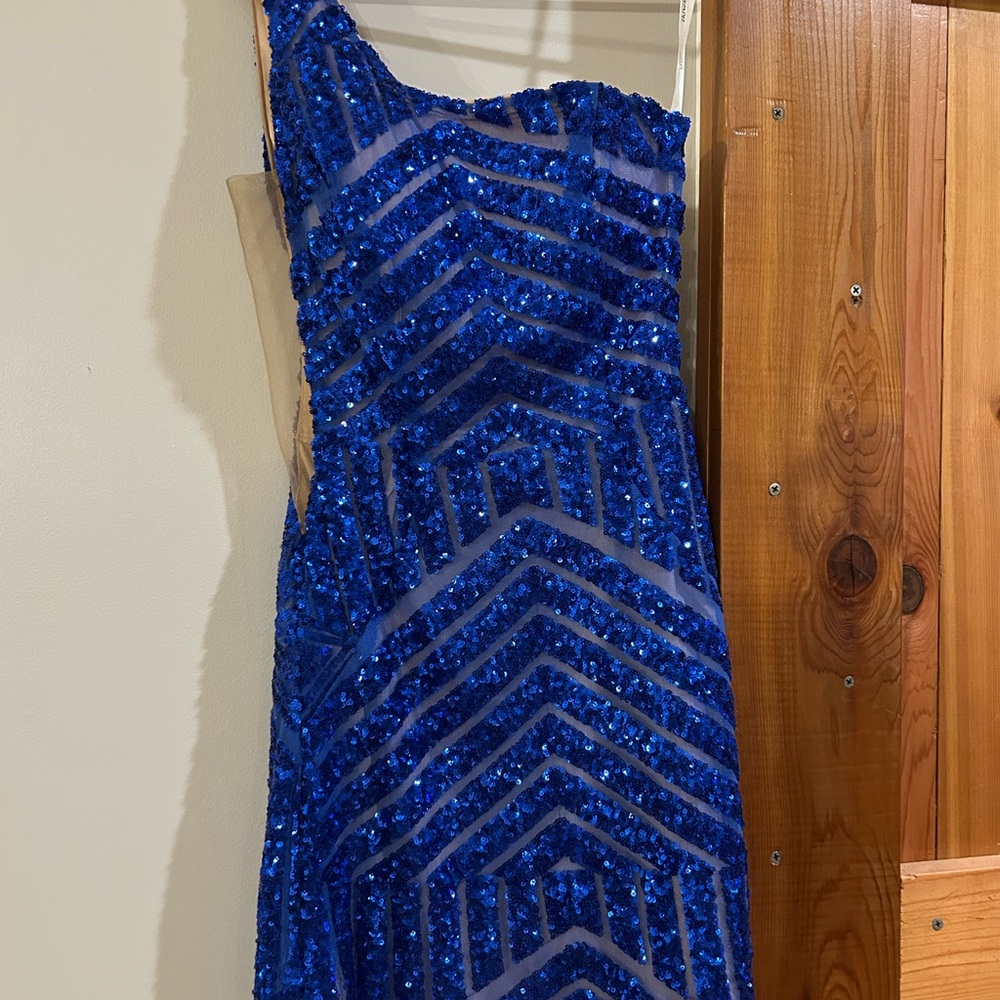 Jovani Royal Blue One-Shoulder Sequin Homecoming Dress - Picture 3 of 4